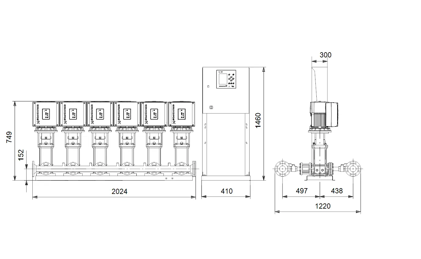 Baugruppe mit mehreren Pumpen im horizontalen Layout, Steuerungseinheit auf der linken Seite. Gerät zur Druckerhöhung, vermutlich von Grundfos.